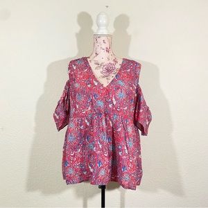 Lucky Brand sz:XL Red & Blue Floral Cold Shoulder Top V-Neck